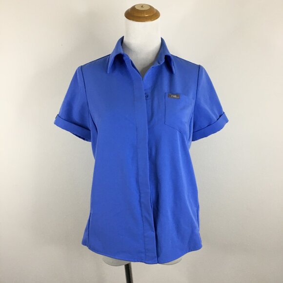 FIGS Blue Zip Pockets Short Sleeve Hidden Logo Button Scrubs Shirt Top - Picture 4 of 12